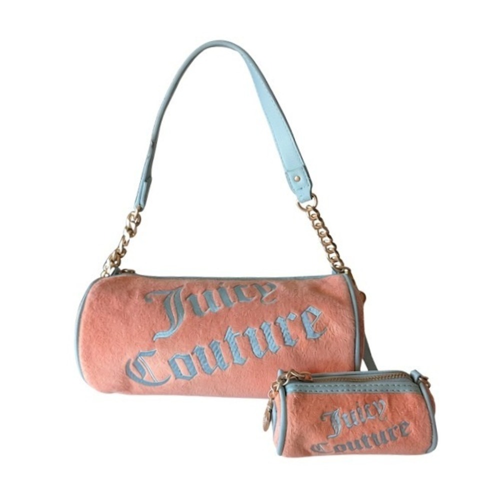 Juicy Couture Peach Velour Barrel Shoulder Bag Set Blue Trim Mini Pouch Y2K
